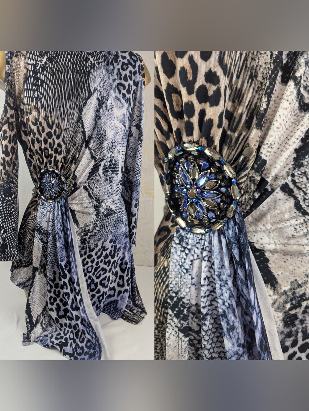 Venus 1X Cold Shoulder Animal Print Long Sleeve Tunic with Decorative Buckle